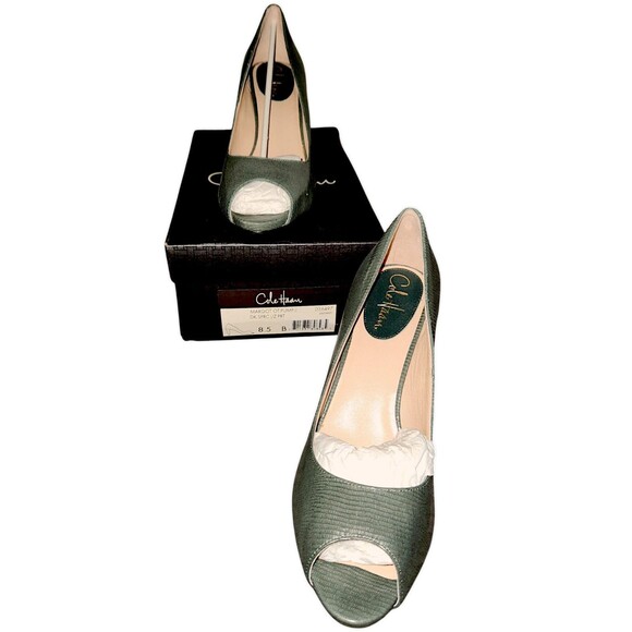 Cole Haan Peep Toe Heels Pumps Faux Snake Skin Stilleto 3" Height Green Size 9B - Picture 1 of 6